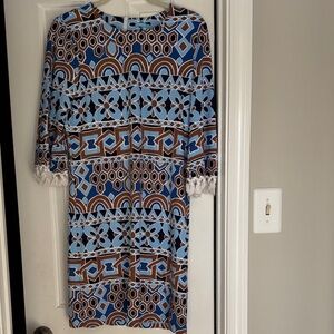 J. McLaughlin Blue and Brown Patterned Long Sleeve Dress
